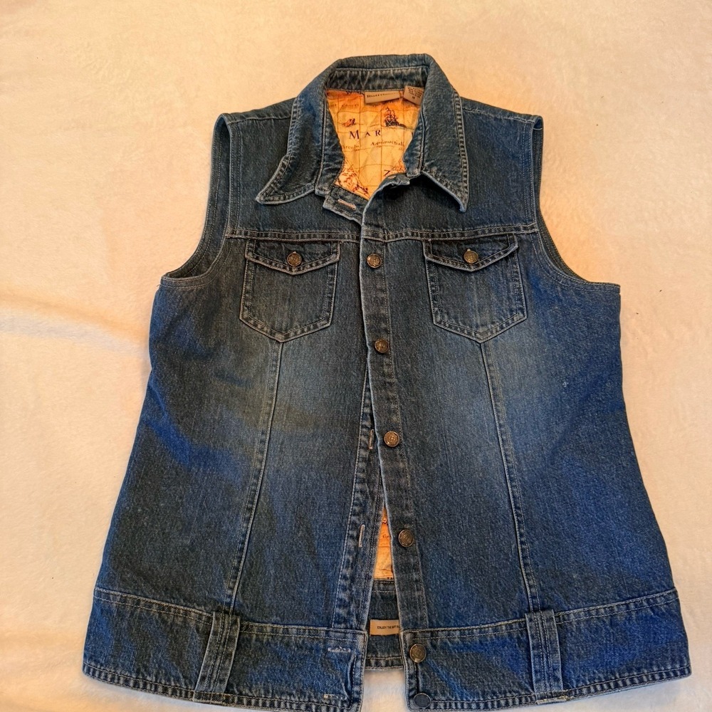 Ruff Hewn Women's Blue‎ Denim Vest Lined Map Print Collared Pockets Vtg Size M